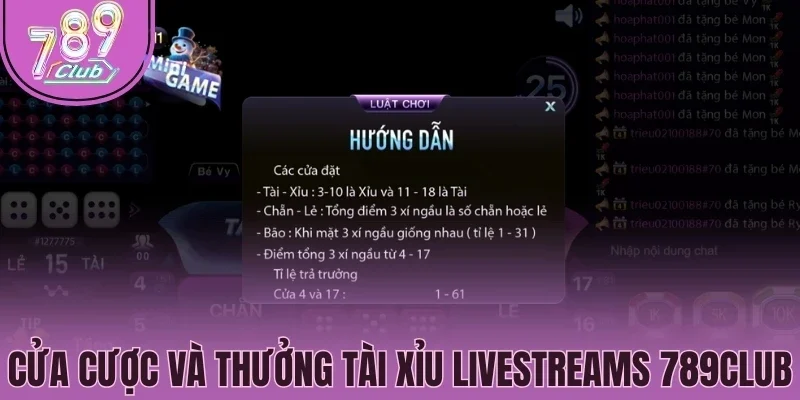 Cửa cược và thưởng Tài xỉu livestreams 789Club